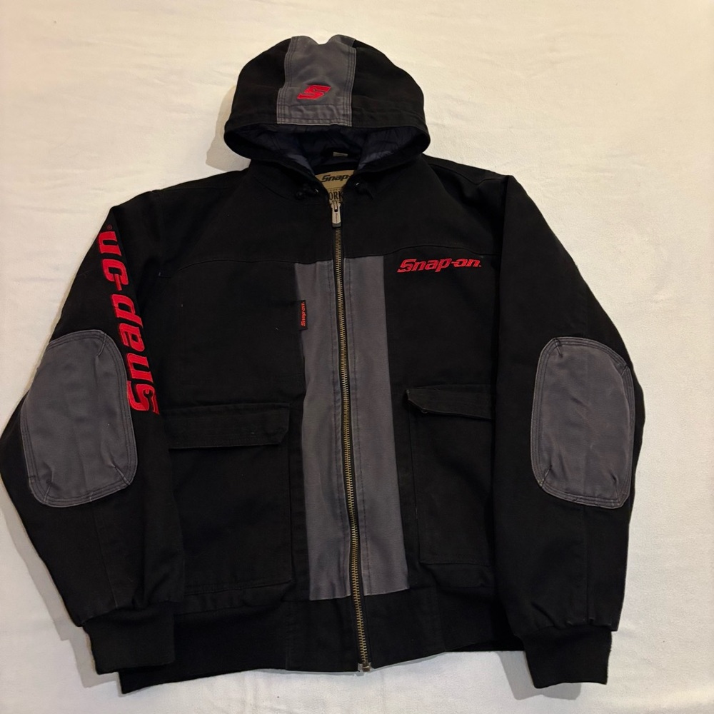 Snap-On Jacket Mens Sz L Canvas Quilted Lined Hooded Chore Mechanic Workwear